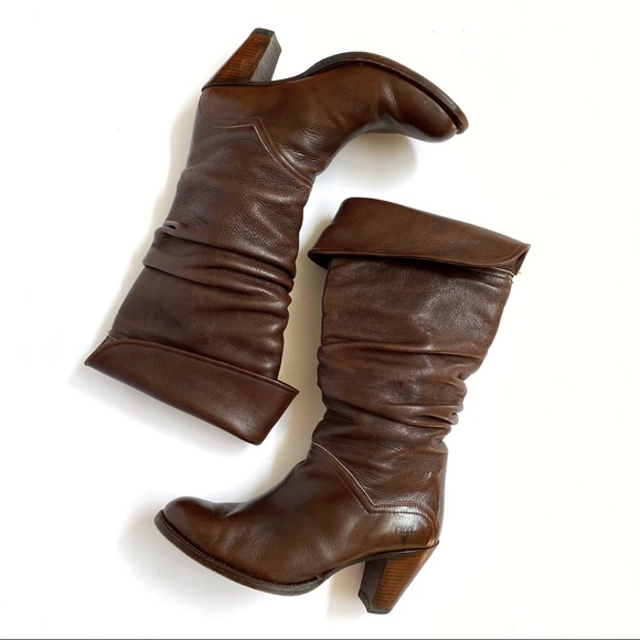 Frye brown leather slouchy chunky heel tall boots - Picture 5 of 11